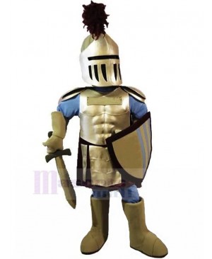 Strong Golden and Blue Knight Mascot Costume People