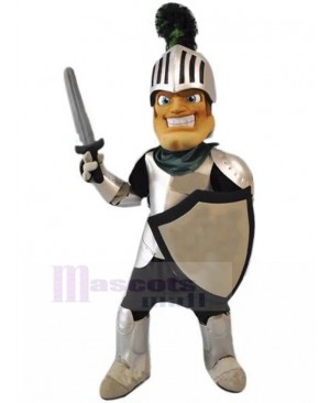 Smiling Knight with Silver Helmet Mascot Costume People