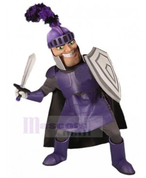 Grinning Knight in Purple Armor Mascot Costume People