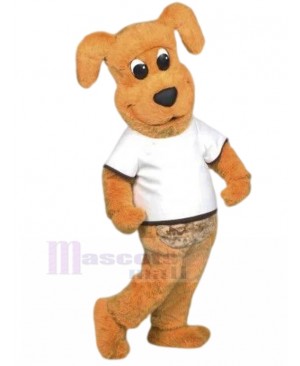 Cute Brown Dog Smiling Mascot Costume in White T-shirt