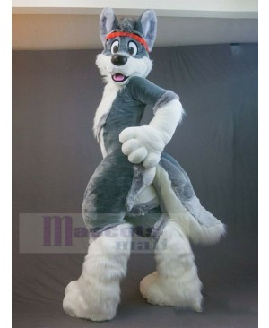 Gray Husky Dog Fursuit Mascot Costume with Red Headband