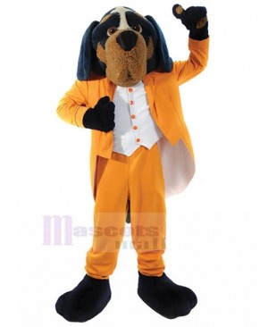 Elegant Bandleader Rottweiler Dog Mascot Costume in Orange Suit