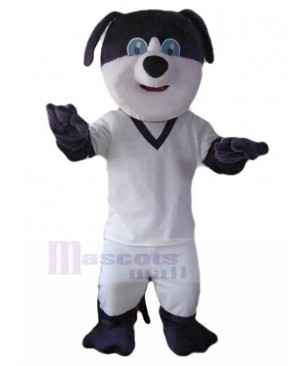 Friendly Black and White Dog Mascot Costume in White T-shirt Animal