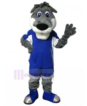 Gray Dog Mascot Costume in Blue Sport Suit Animal