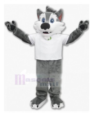 Smiling Gray Wolf Dog Husky Mascot Costume in White T-shirt Animal