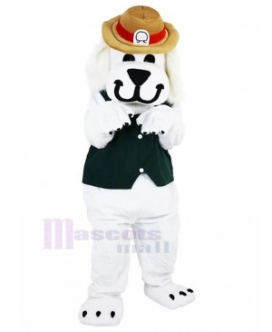 Smiling White Dog in Black Vest Mascot Costume with Brown Hat Animal