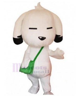 Long-eared White Dog Mascot Costume with Green Shoulder Bag Animal