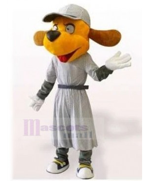 Happy Orange Dog Mascot Costume in Gray Dress Animal