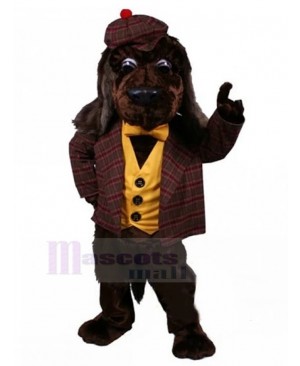Dark Brown Dog Mascot Costume Animal in Wine Red Plaid suit