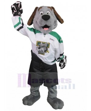Smiling Grey Dog Mascot Costume in Goalkeeper Suit Animal