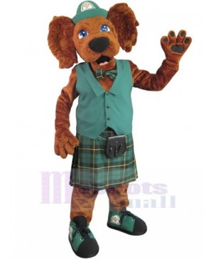 Brown Irish Setter Dog Mascot Costume in Green Work Uniform Animal