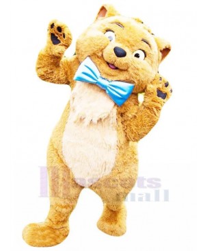 Brown Cat Mascot Costume with Blue Rosette Animal