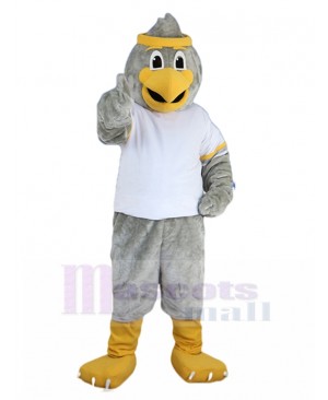 Energetic Grey Bird Mascot Costume with Yellow Headband Animal
