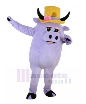 Purple Pig Mascot Costume with Yellow Horn Hat Cartoon