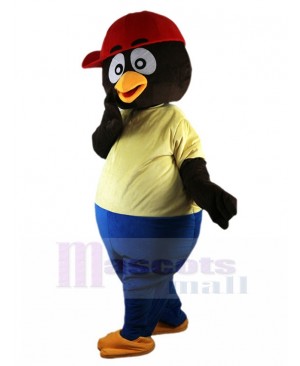 Cool Black Penguin Mascot Costume with Red Cap Animal