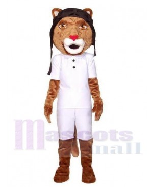 Pilot Lion in White Polo Shirt Mascot Costume Animal
