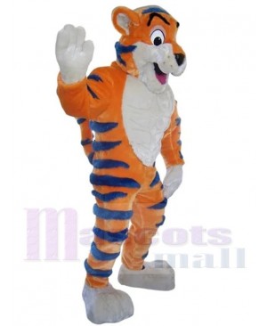 Friendly Orange Tiger Mascot Costume Animal with Blue Stripes