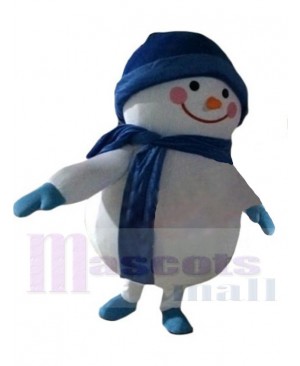 Snowman Mascot Costume Cartoon with Blue Hat and Scarf