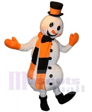 Snowman Mascot Costume Cartoon with Orange and Black Scarf