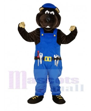 Gopher Worker in Blue Overalls Mascot Costume Animal